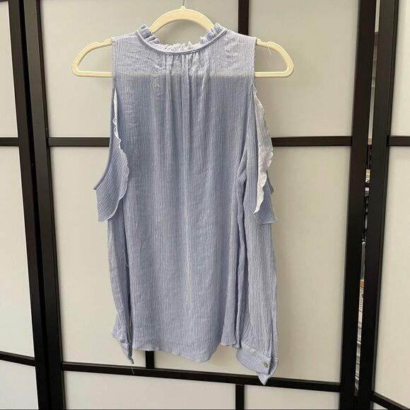 [s] Jane & Delancey Baby Blue Boho Ruffle Long Sleeve Cold Shoulder Blouse - Picture 3 of 13